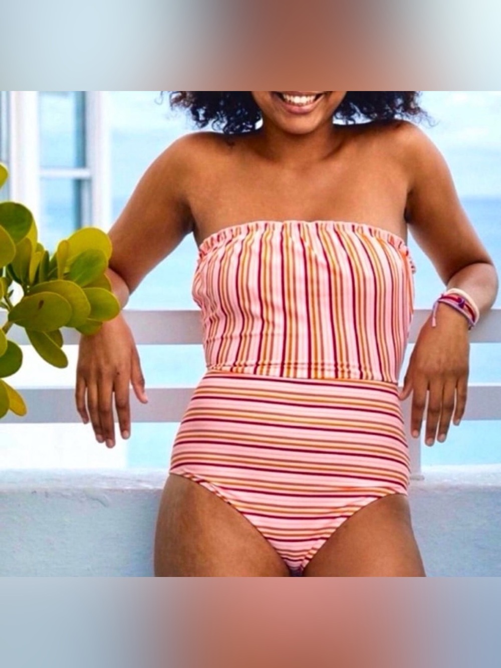 Aerie Strapless Bandeau One Piece Swimsuit Pink White Orange Yellow Striped L